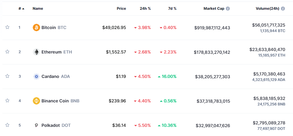 Top cryptocurrencies by market capitalization